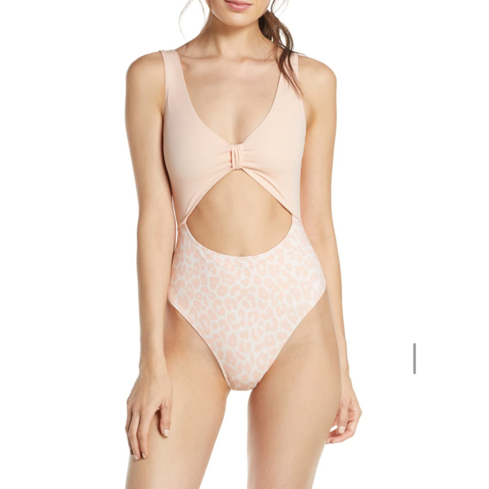Something Navy - One Piece - Light Pink & Animal Print Cut Out Swim Suit